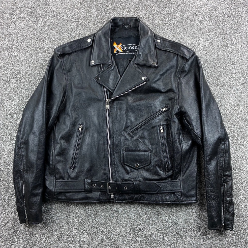 Xelement Motorcycle Biker Jacket Mens‎ 50 XL Black Leather Jesus Patch